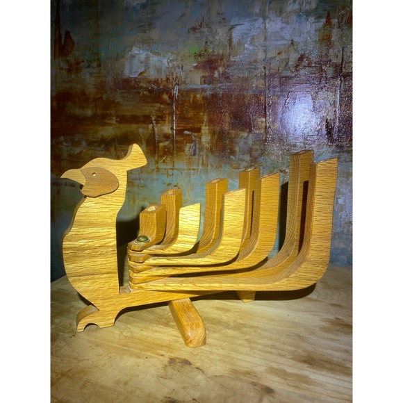 Handmade Other - Vintage Wooden Peacock Menorah Folding Oak Wood Hanukkah Chanukiah Folk Art